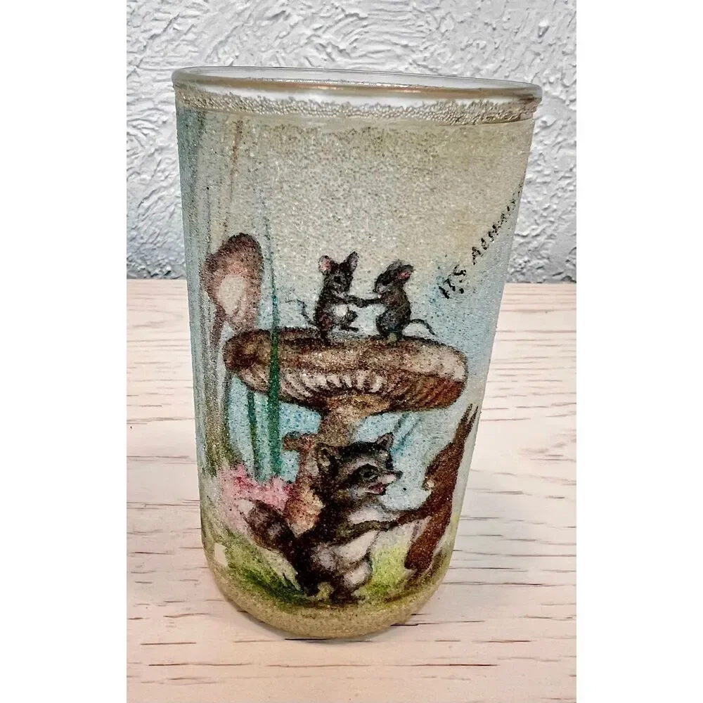 Vintage 5” Frosted Glass Woodland Art Friendship Votive Candle Holder (1980s)